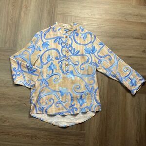 Casa Mastro Positano Italy Linen Scroll Tunic Shirt Womens Small S Blue Tan
